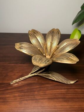Vintage Lily Lotus Flower Brass Ashtray Set 6 Removable Petals MCM Complete